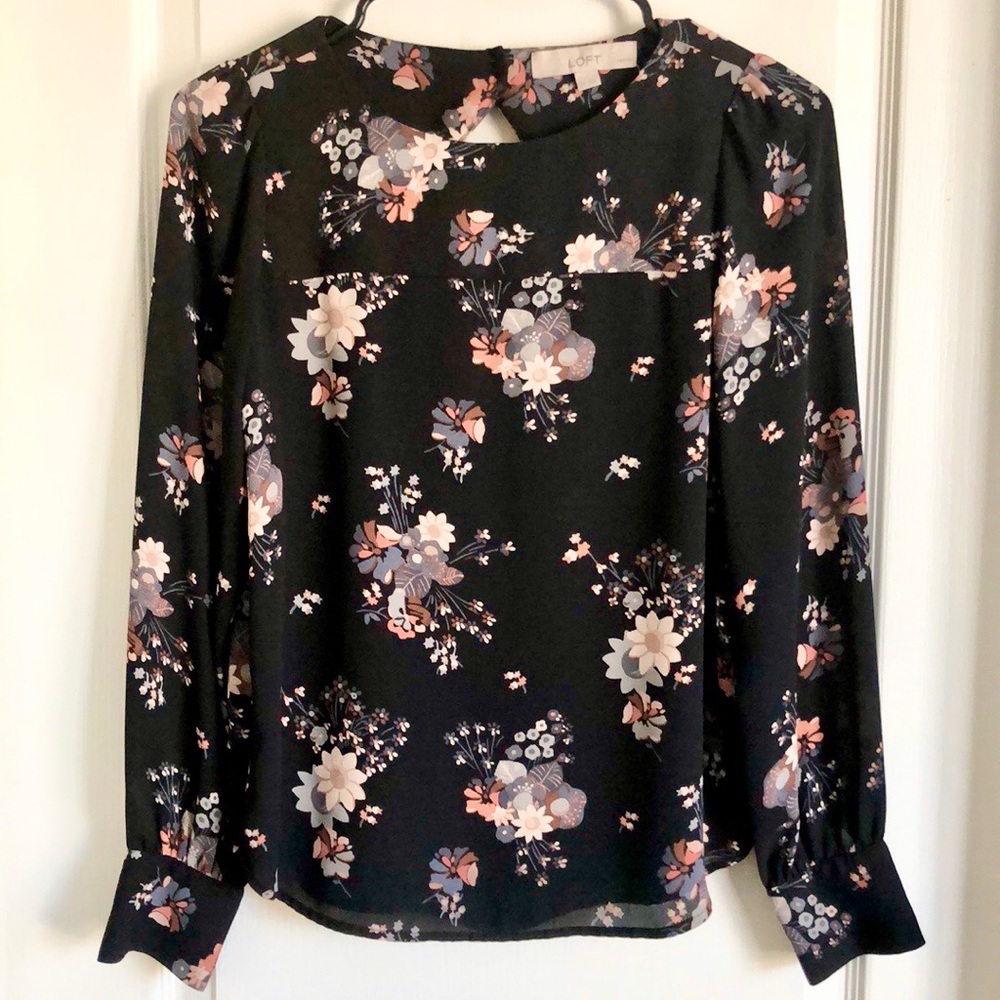 LOFT Black Blush Floral Keyhole Blouse - Sz XXSP